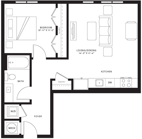 Floor plan for 1 bed, 1 bath, 706 sqft